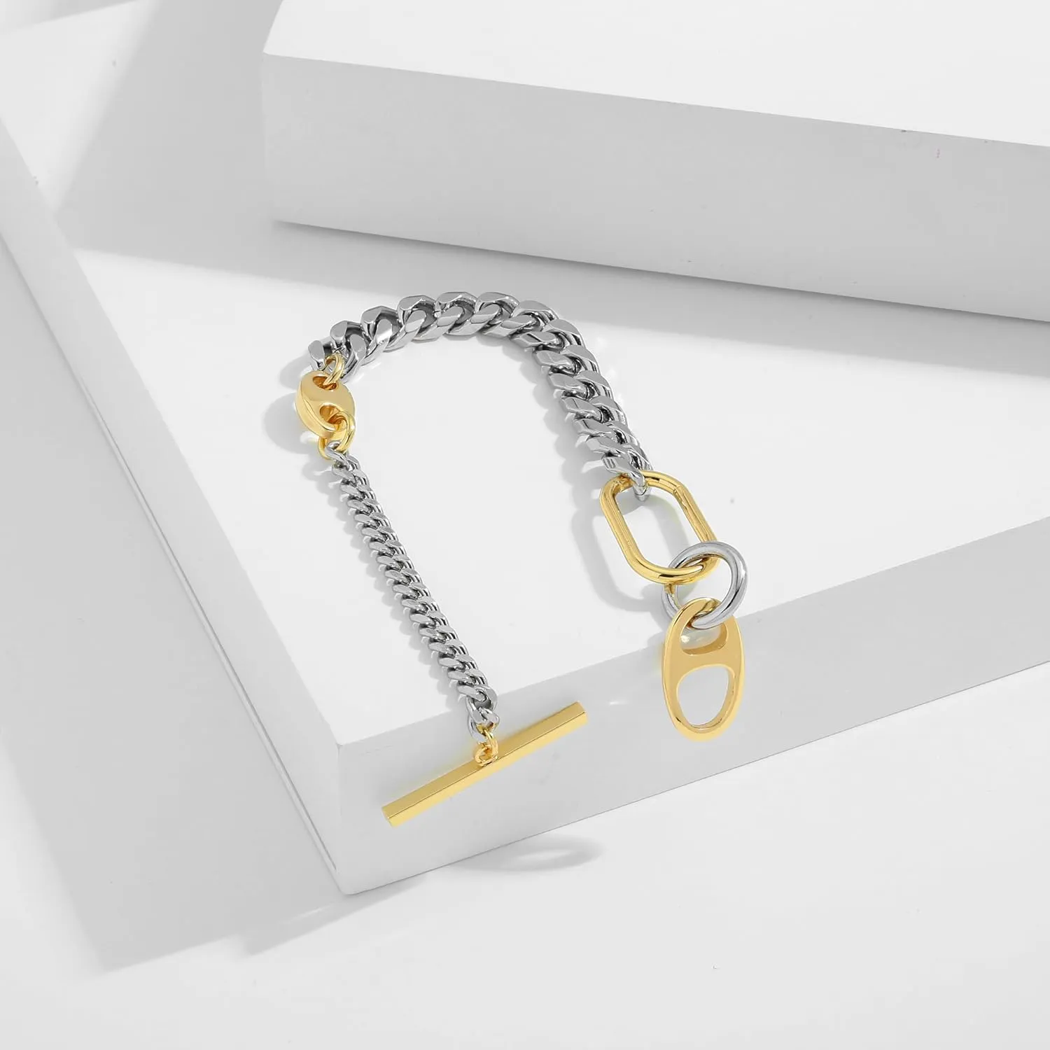 WOWORAMA Two Tone Link Chain Bracelet for Women Men Gold and Silver Paperclip Link Bracelets Unisex Mixed Metal Bracelet Thick Chunky Chain Bracelets