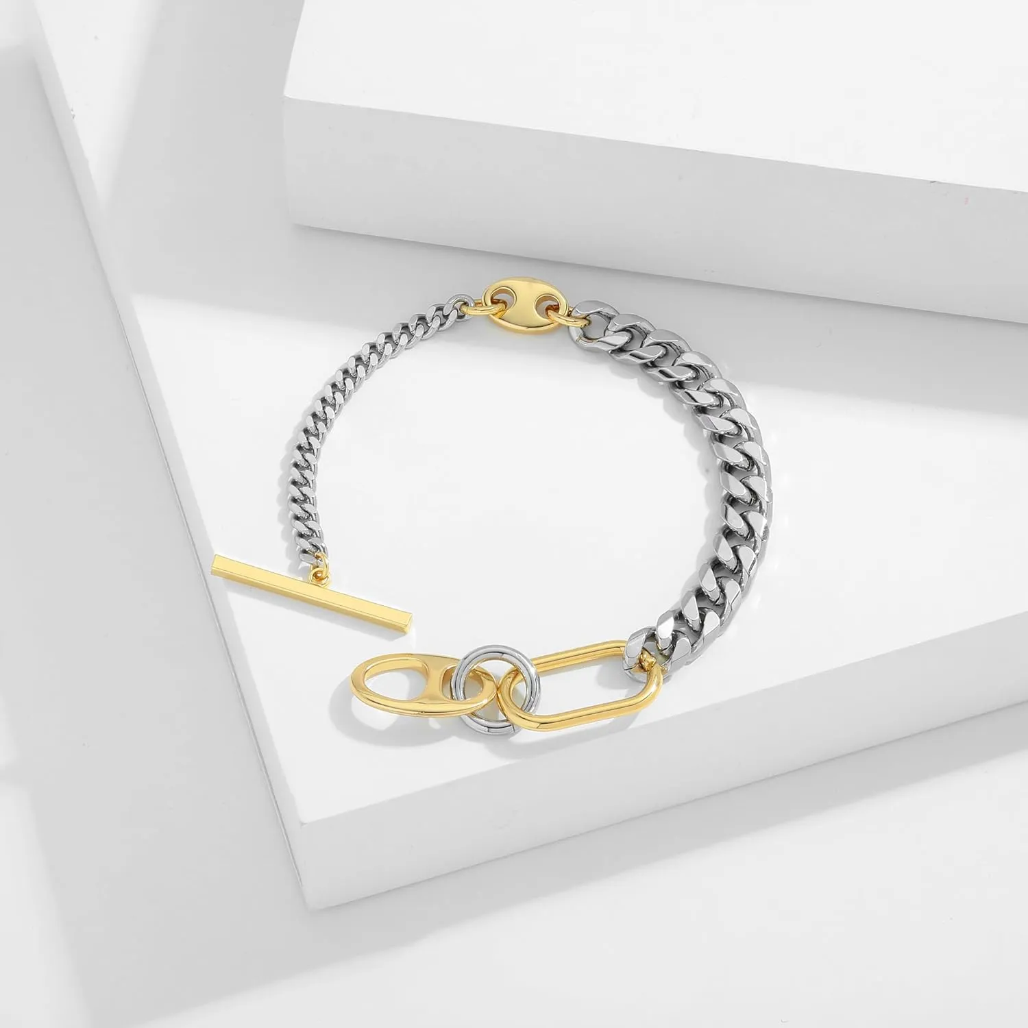 WOWORAMA Two Tone Link Chain Bracelet for Women Men Gold and Silver Paperclip Link Bracelets Unisex Mixed Metal Bracelet Thick Chunky Chain Bracelets