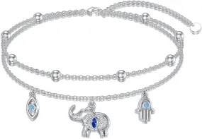 YAFEINI Sterling Silver Elephant Anklet with Hamsa Hand and Evil Eye Design for Women
