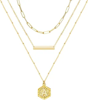 YANCHUN Gold Initial Necklaces for Women 14K Gold Plated Layered Necklace Paperclip Link Chain Pendant Necklace