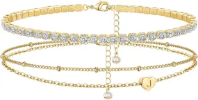 YANODA Gold Initial Bracelets for Women, 14K Gold Plated Bracelet Sets Trendy Gold Bracelet Stack Dainty Heart Letter Initial Bracelets Adjustable Tennis Bracelets Personalized Jewelry for Women