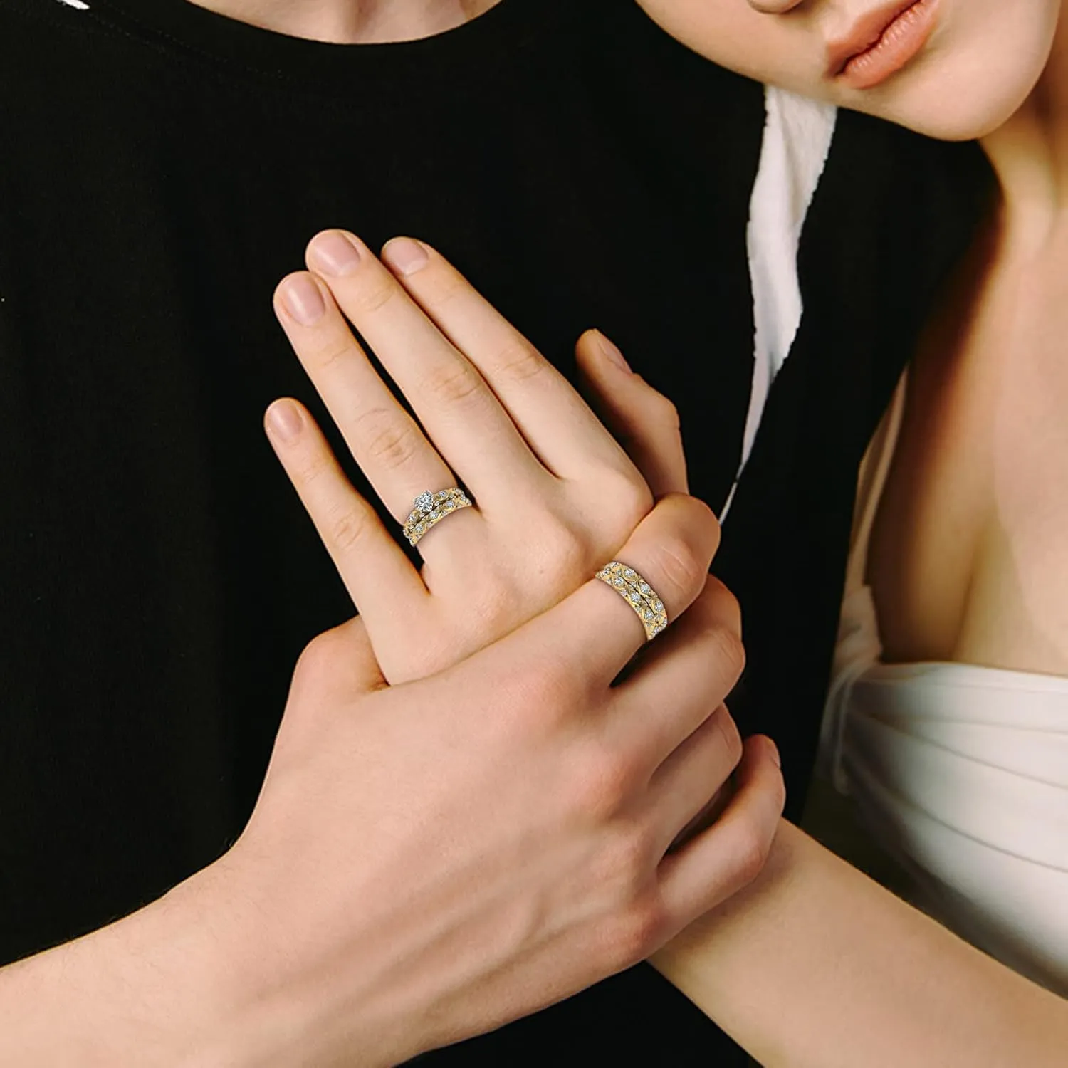 Yellow Gold Love Heart Anniversary Engagement Ring for Women Bridal Sets Wedding Couple Ring Birthday Jewelry