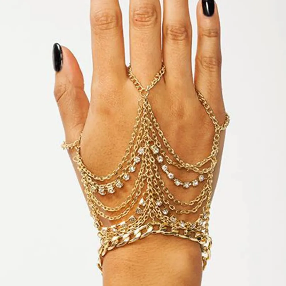 Ymqewq Kenfery Vintage Bridal Crystal Slave Bracelet Multi-layered Rhinestone Slave Bracelet Shiny Tennis Chain Bracelet Finger Ring Beach Wedding Luxury Hand Jewelry Accessories for Women