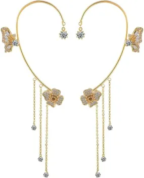 Zircon Butterfly Tassel Earrings,Butterfly Flowers no Piercing Ear Clips for Women Long Chain Crystal Butterfly Ear Cuff Earrings Prom Jewelry for Women