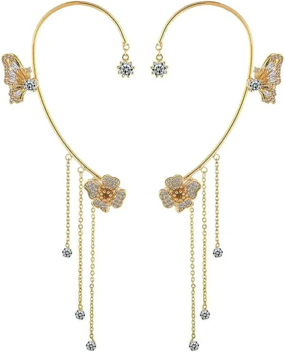 Zircon Butterfly Tassel Earrings,Butterfly Flowers no Piercing Ear Clips for Women Long Chain Crystal Butterfly Ear Cuff Earrings Prom Jewelry for Women