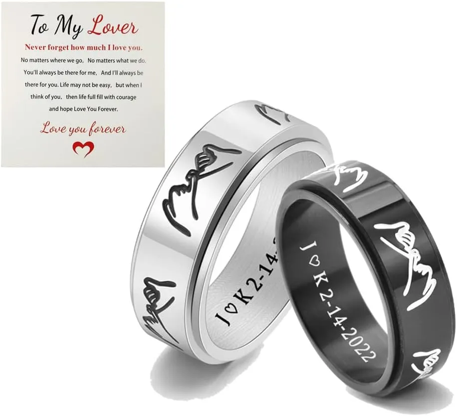 ZKXXJ Personalized Pinky Promise Couple Ring for Him & Her Set,Custom Name Date Latitude Engraved Spinner Band Stainless Steel Anxiety Relief Fidget Rings Set for Lovers Valentine's Gift,2 Packs