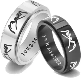 ZKXXJ Personalized Pinky Promise Couple Ring for Him & Her Set,Custom Name Date Latitude Engraved Spinner Band Stainless Steel Anxiety Relief Fidget Rings Set for Lovers Valentine's Gift,2 Packs