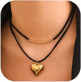 ZMANYIJEW Chunky Heart Necklace for Women Gold Silver Puffy Heart Pendant Choker Layered Boho Necklace Jewelry
