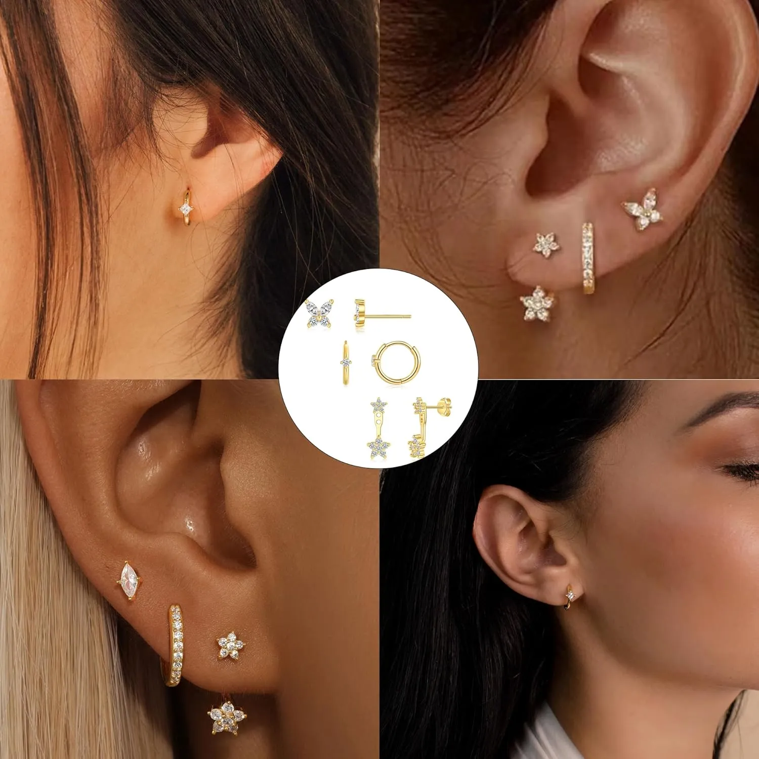 ZRU 3 Pairs Gold Stud Hoop Huggie Earrings Set for Women Men - Cartilage Studs, Small CZ Piercing, 18k Gold Plated - Dainty Trendy Gifts