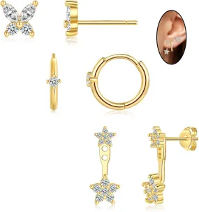ZRU 3 Pairs Gold Stud Hoop Huggie Earrings Set for Women Men - Cartilage Studs, Small CZ Piercing, 18k Gold Plated - Dainty Trendy Gifts