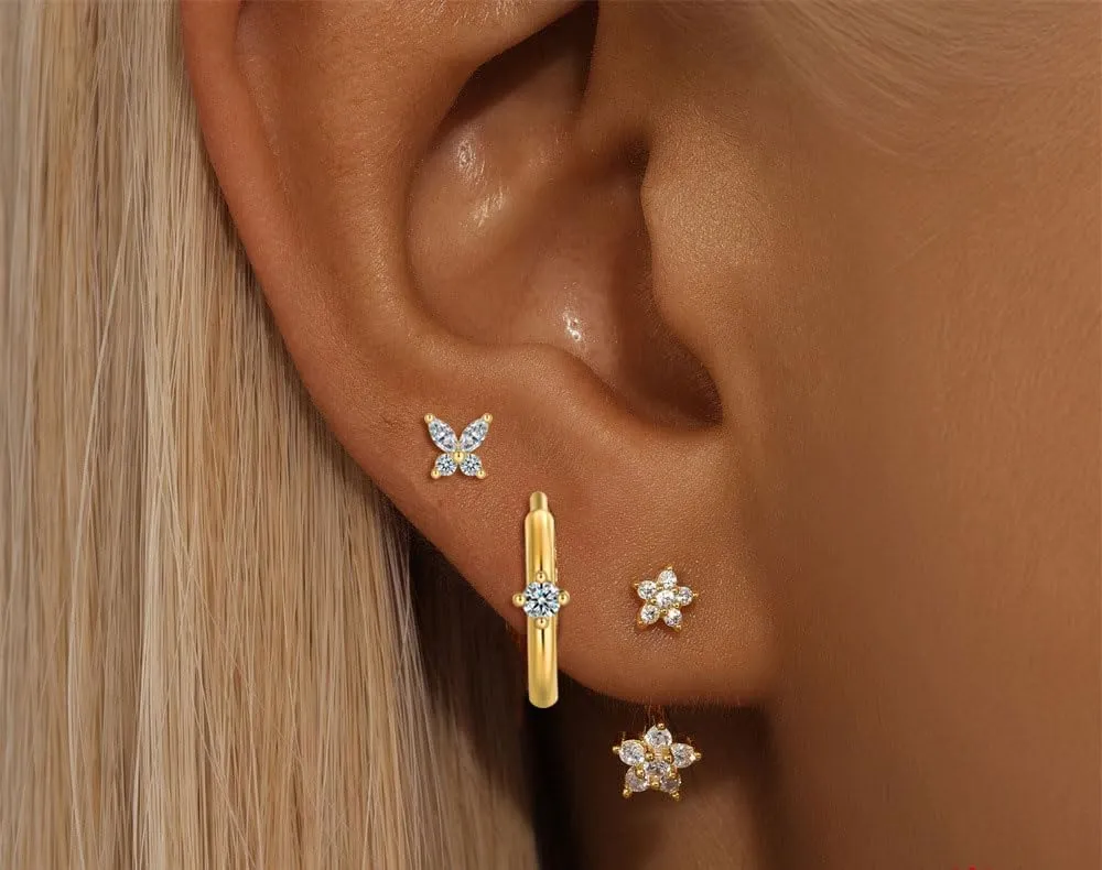 ZRU 3 Pairs Gold Stud Hoop Huggie Earrings Set for Women Men - Cartilage Studs, Small CZ Piercing, 18k Gold Plated - Dainty Trendy Gifts