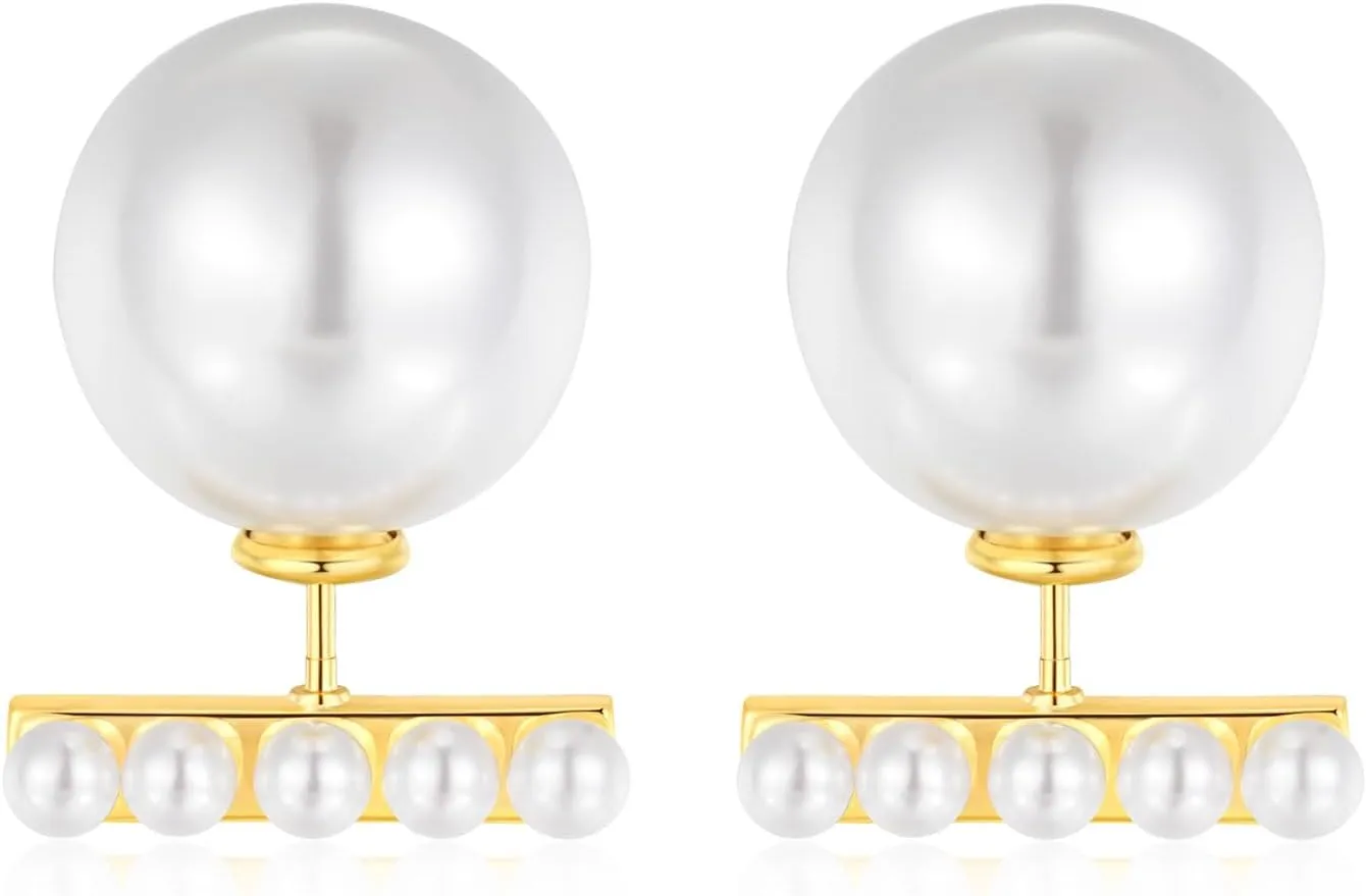 ZRU 925 Sterling Silver Pearl Stud Earrings for Women, Silver Big Pearl Little Pearl Stud Earrings, Xmas Jewelry Gold Plated Dainty Bridal Bridesmaid Gift, Wedding Christmas Party Earrings